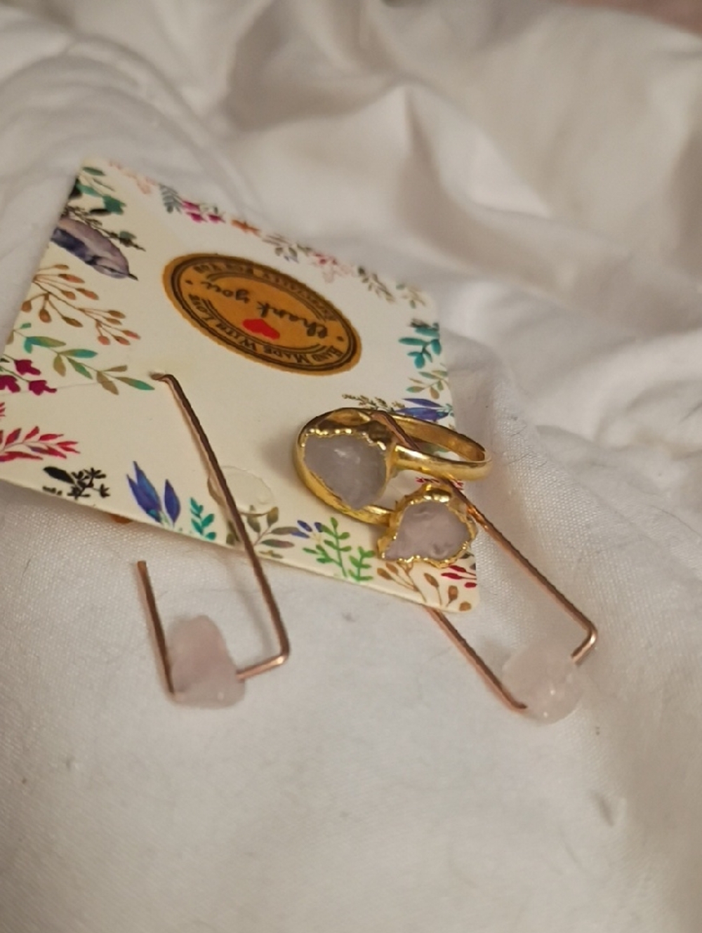 Rose Gold Earrings And Gold and Rose Quartz Ring Size 7 Bundle